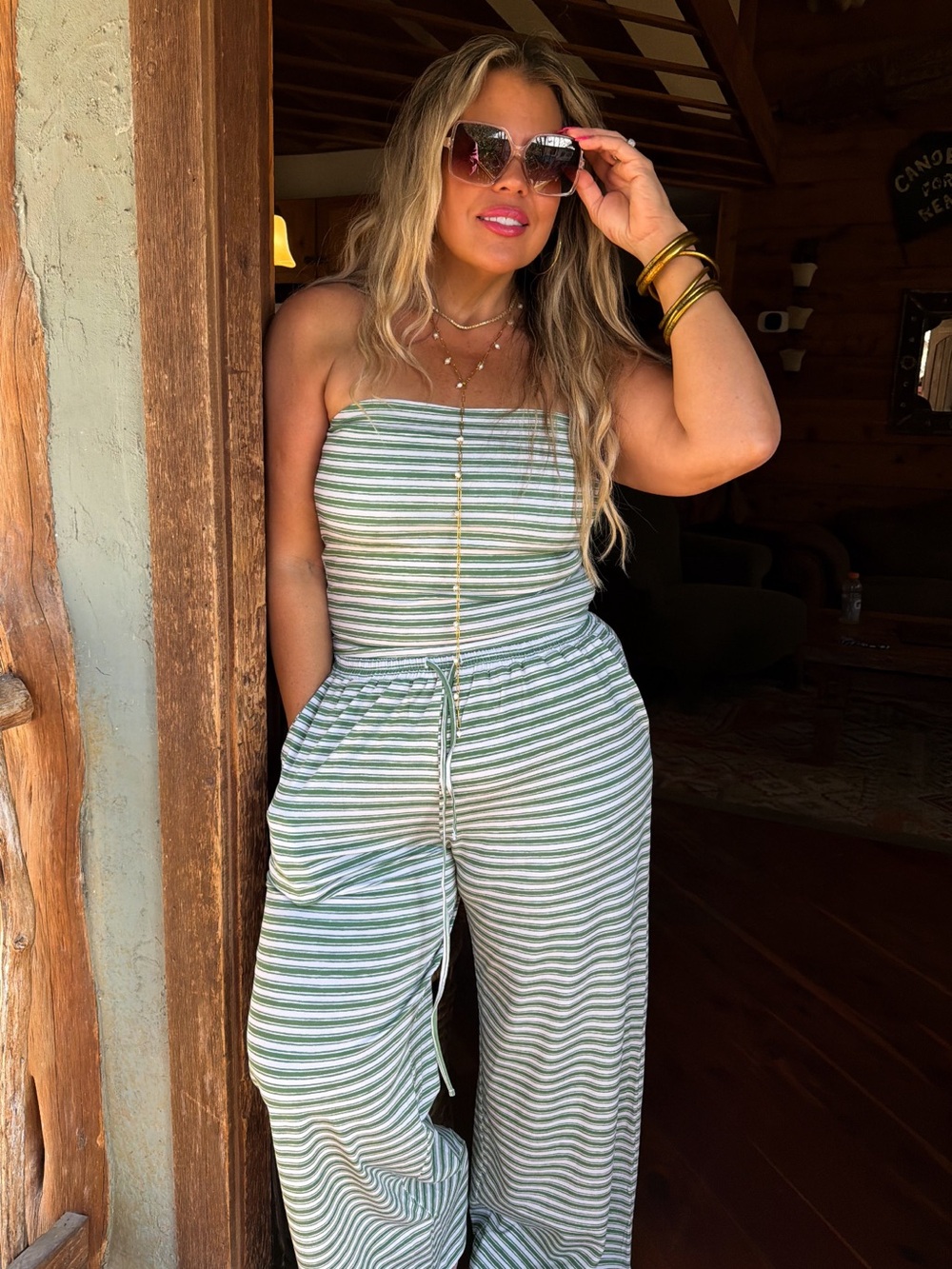 Striped Green Strapless Wide-Leg Jumpsuit